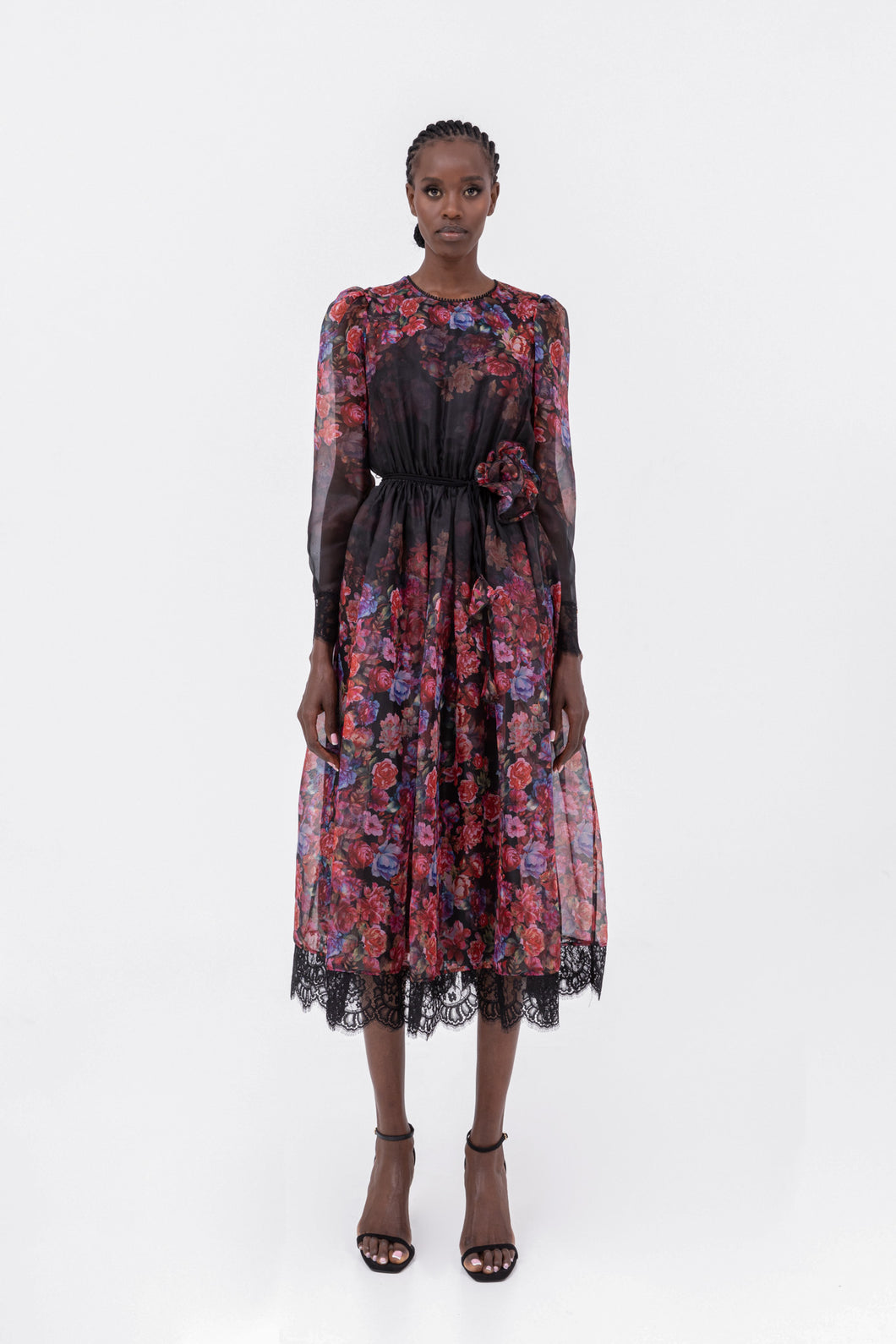 Floral-detail organza midi dress